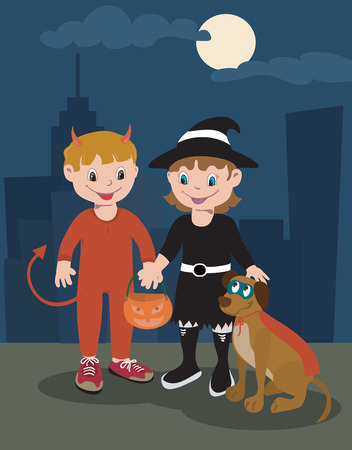 Kids and Dog on Halloween